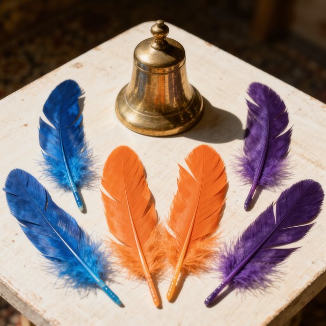 Exactly seven feathers lie on a cream tabletop: three blue on the left, two orange in the center, and two purple on the right. A brass bell sits above the orange pair, nothing else. — Kling v3 Omni