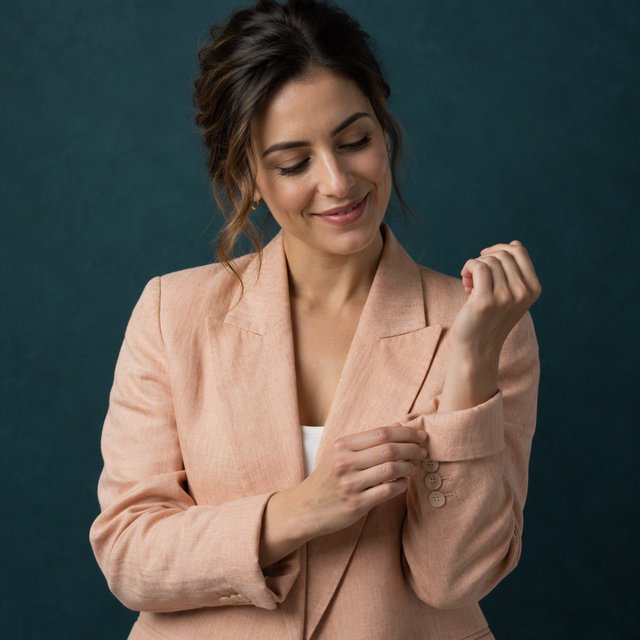 Portrait photograph of an adult woman in her early 30s wearing a pale apricot linen blazer, her hands gently smoothing its cuff. She looks quietly delighted against a deep teal paper backdrop, illuminated by soft, angled studio light. — GPT Image 2.5 Sunburst
