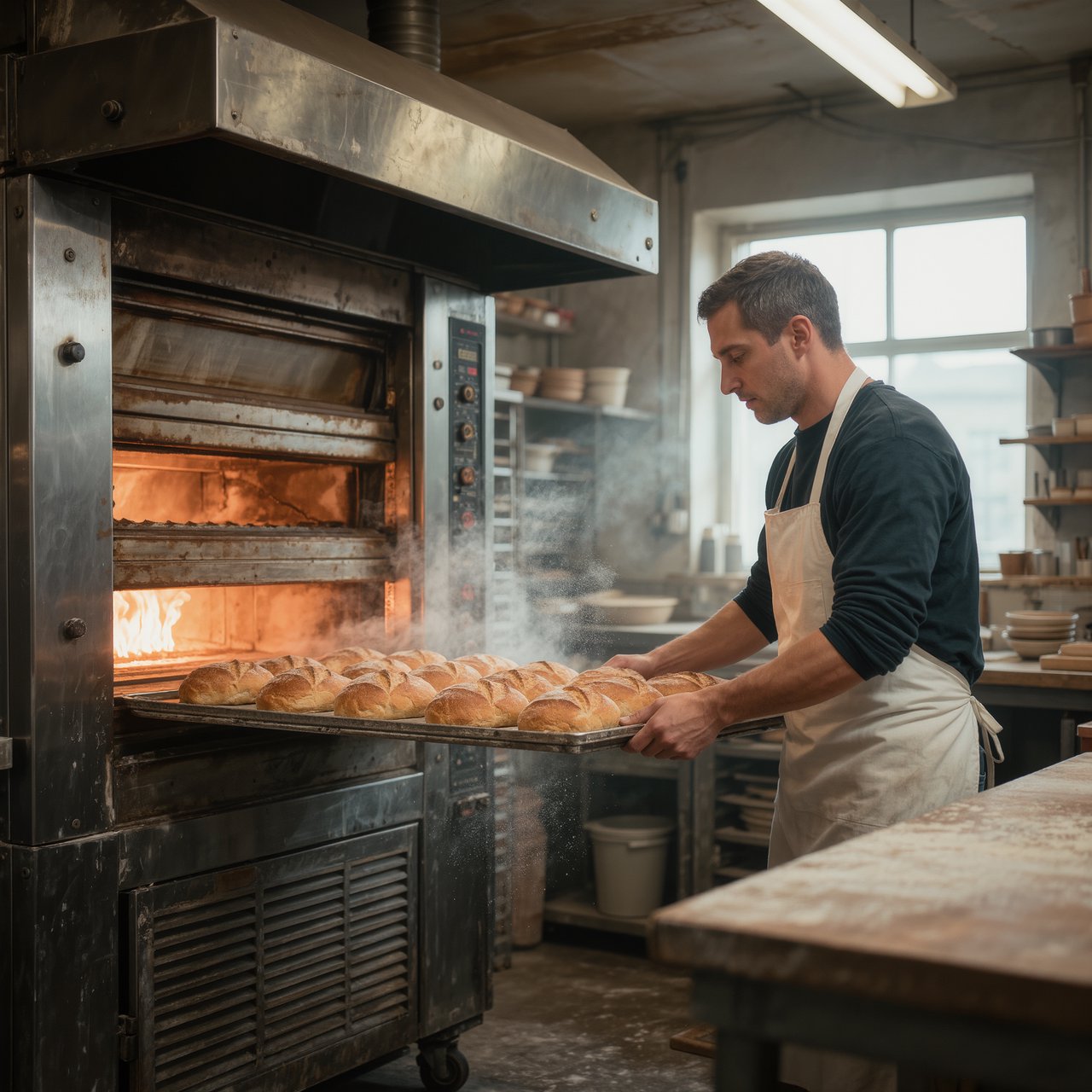 Candid documentary photograph of an adult baker sliding a tray of bread into a neighborhood bakery oven, warm oven glow mixing with gray dawn window light, 35mm lens with moderate depth of field, flour dust suspended above the workbench. — Kling v3 Omni