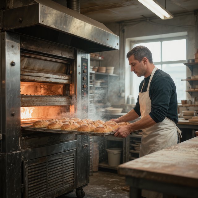 Candid documentary photograph of an adult baker sliding a tray of bread into a neighborhood bakery oven, warm oven glow mixing with gray dawn window light, 35mm lens with moderate depth of field, flour dust suspended above the workbench. — Kling v3 Omni