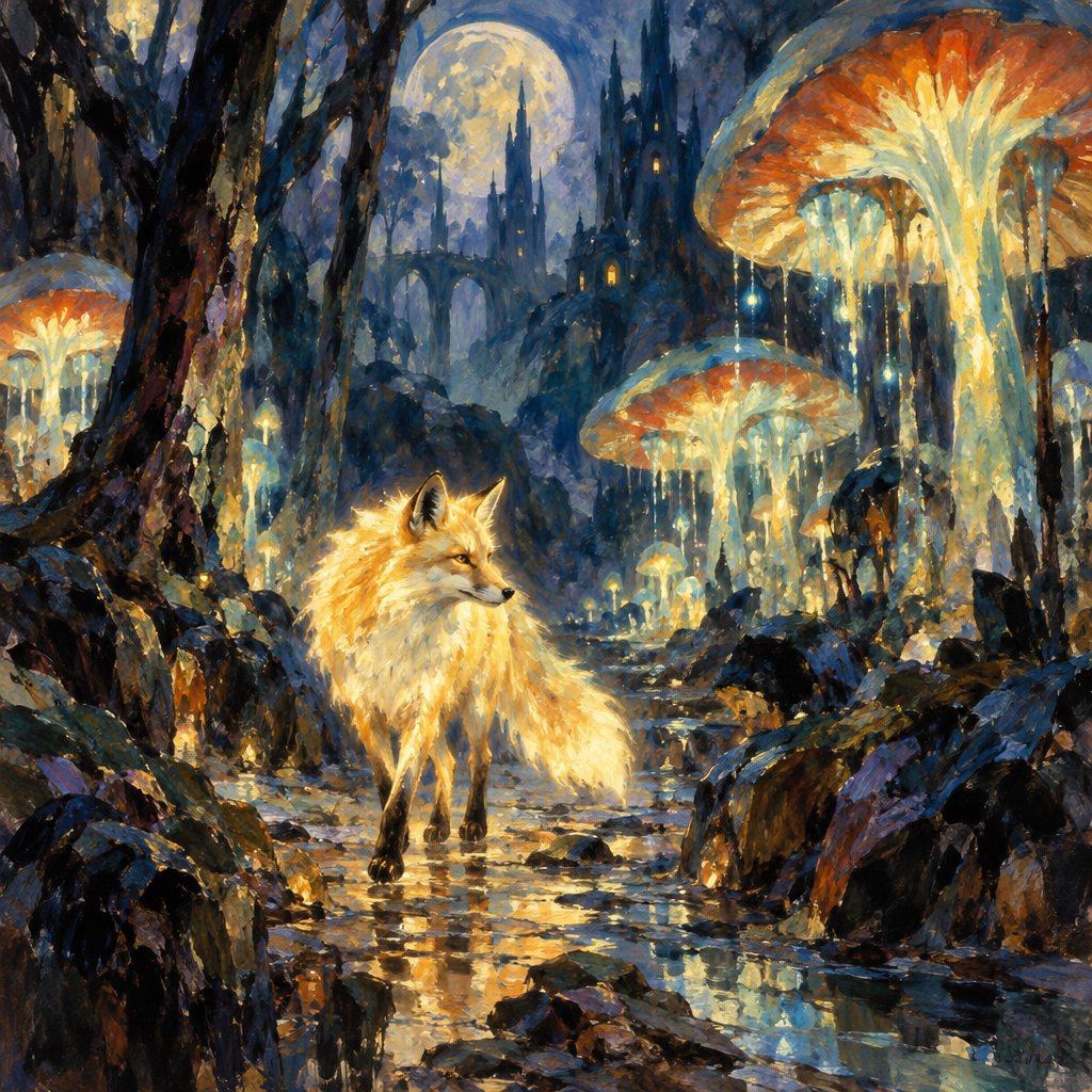 A solitary fox with fur like molten moonlight walks through an ethereal forest. Towering, bioluminescent fungi illuminate the path, casting an otherworldly glow. The style is reminiscent of early 20th-century magical realism, with bold, gestural brushstrokes akin to abstract expressionism, and a watercolor-like diffusion of light. — GPT Image 2.5 Sunburst