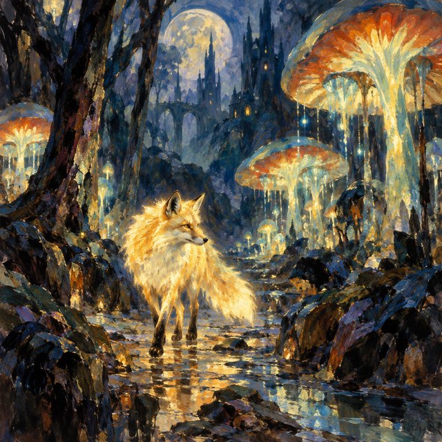 A solitary fox with fur like molten moonlight walks through an ethereal forest. Towering, bioluminescent fungi illuminate the path, casting an otherworldly glow. The style is reminiscent of early 20th-century magical realism, with bold, gestural brushstrokes akin to abstract expressionism, and a watercolor-like diffusion of light. — Model 4