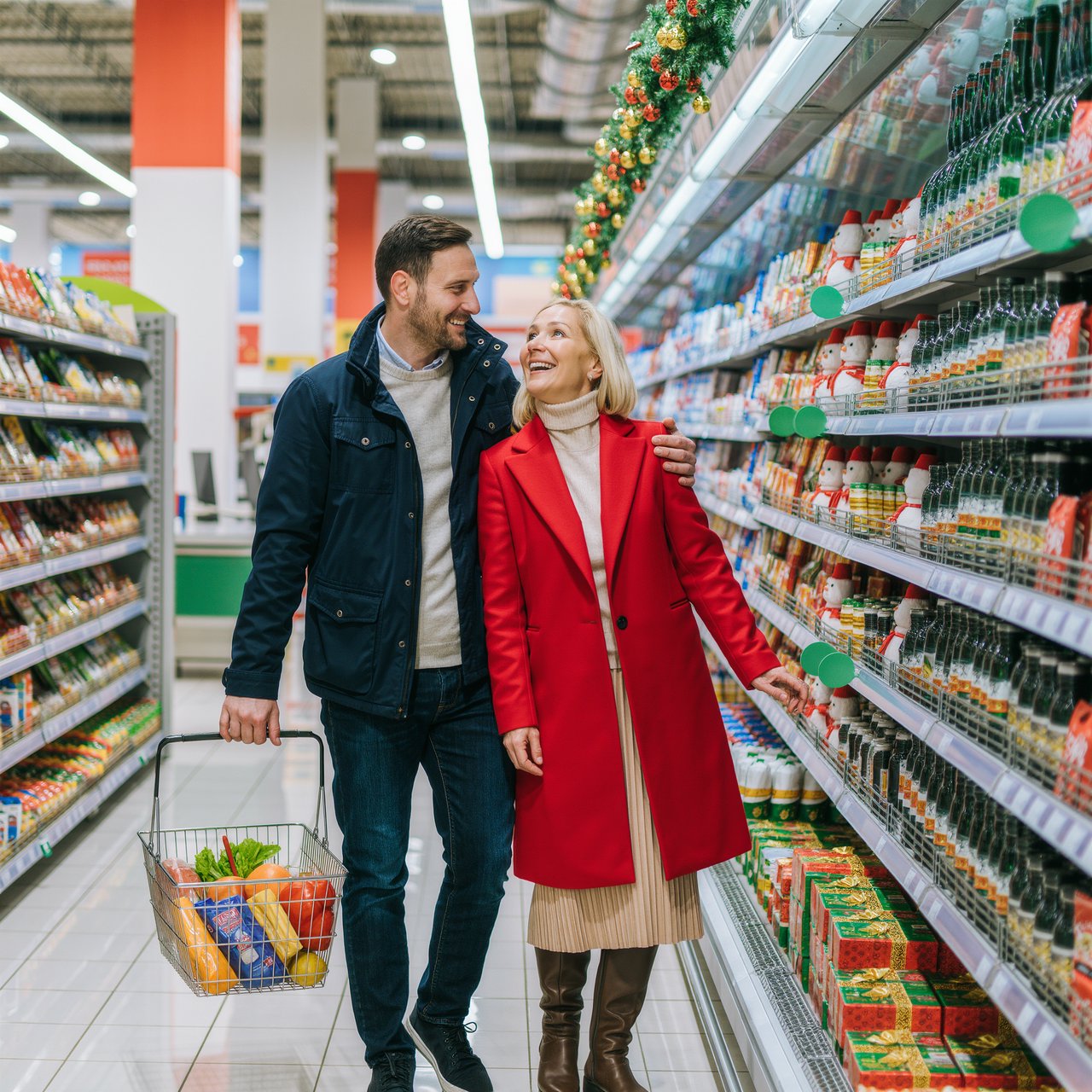 A husband and wife are shopping in a large, well-lit supermarket. They are surprised by what is for sale in the Christmas aisle. — Kling v3 Omni