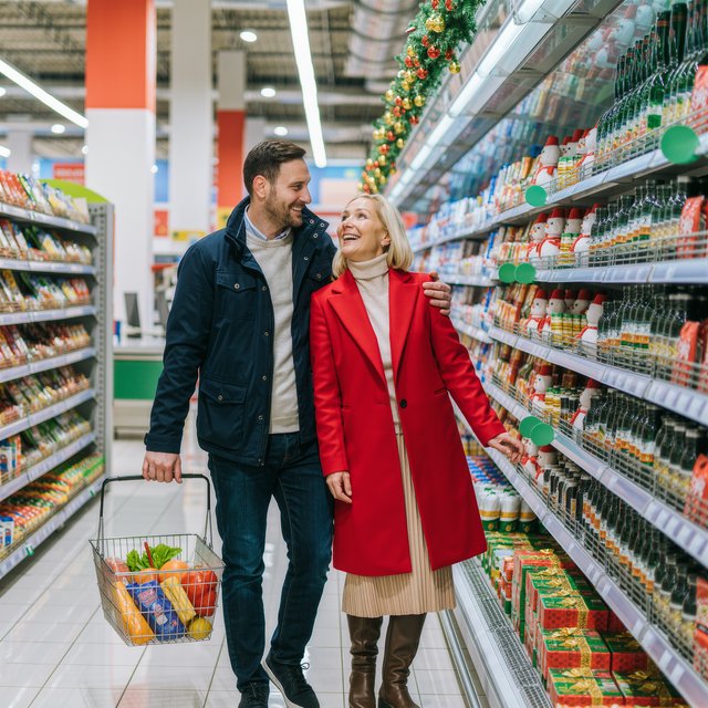 A husband and wife are shopping in a large, well-lit supermarket. They are surprised by what is for sale in the Christmas aisle. — Kling v3 Omni