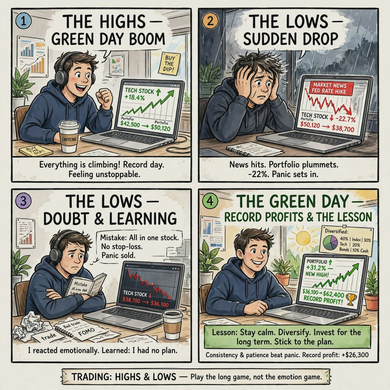 An image depicting the highs and lows of trading, in at least four panels. It ends with a very green day, record profits, and a lesson. — Muse Image 1.0