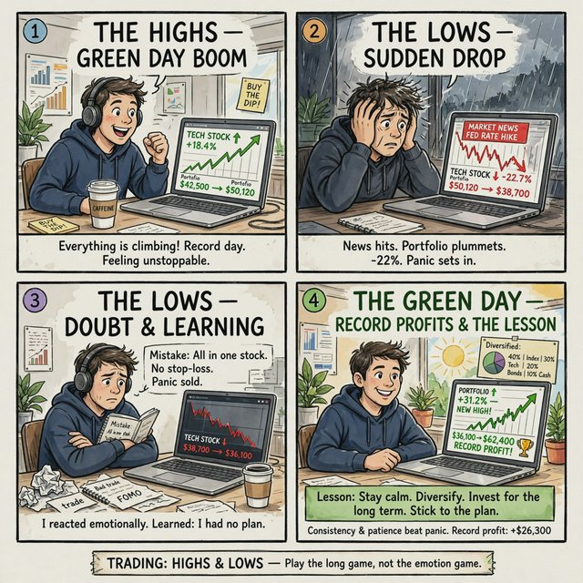 An image depicting the highs and lows of trading, in at least four panels. It ends with a very green day, record profits, and a lesson. — Model 14