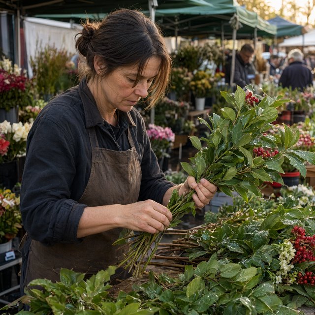 Candid documentary photograph of an adult florist arranging loose stems at an outdoor market stall, soft early-morning side light, 50mm lens with shallow depth of field, tiny water droplets beading on the cut leaves. — Qwen Image 3.0 Pro