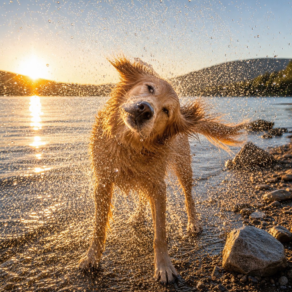 A wet golden retriever shaking off water on a lakeshore, droplets frozen mid-air, backlit by low sun, high shutter speed. — GPT Image 2