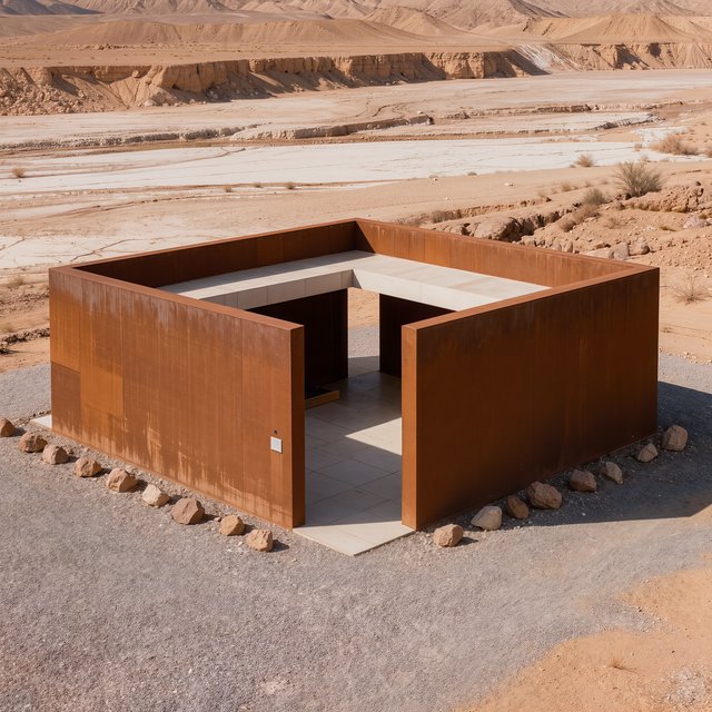 A contemporary desert visitor pavilion built from rust-colored rammed earth and pale limestone sits beside a dry wadi; deep shaded openings frame the courtyard. Hard midday sun, viewed from the gravel approach, crisp geometry and believable construction. — Kling v3