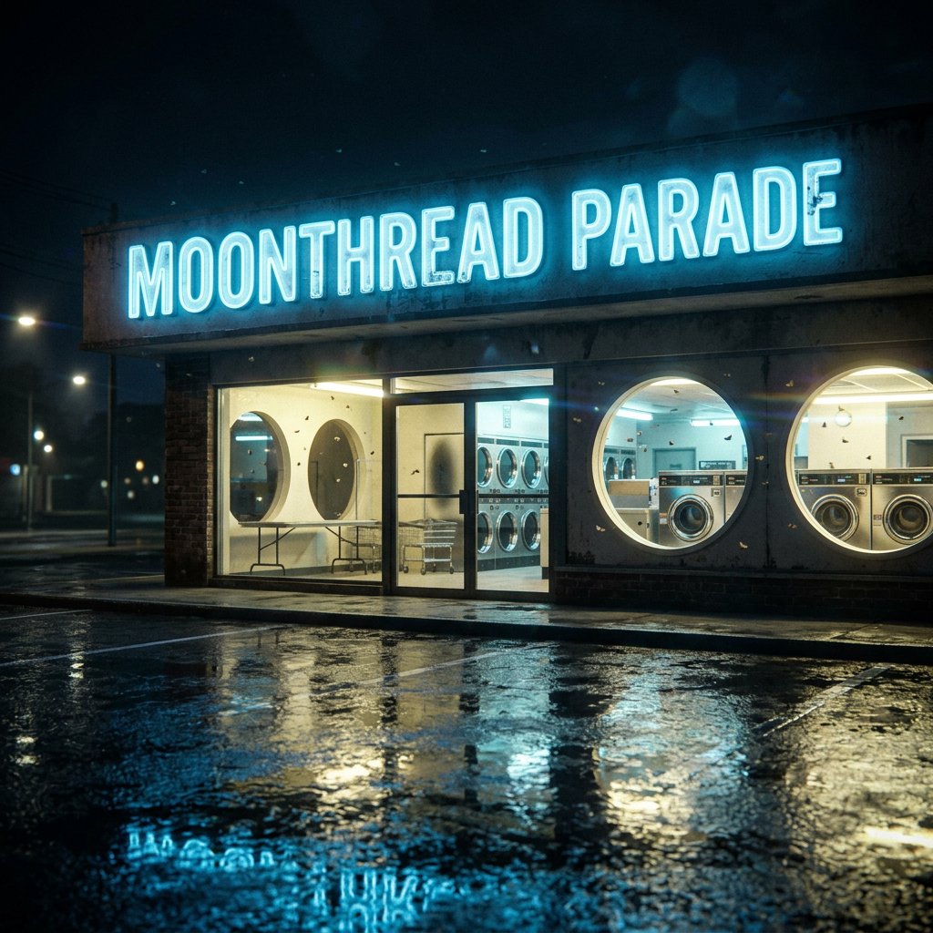 At midnight, moths circle the laundromat’s glowing round windows while chrome washing machines gleam inside; “MOONTHREAD PARADE” shines in icy blue neon above the entrance, reflected across the wet pavement, with no other lettering visible. — Nano Banana 2.1
