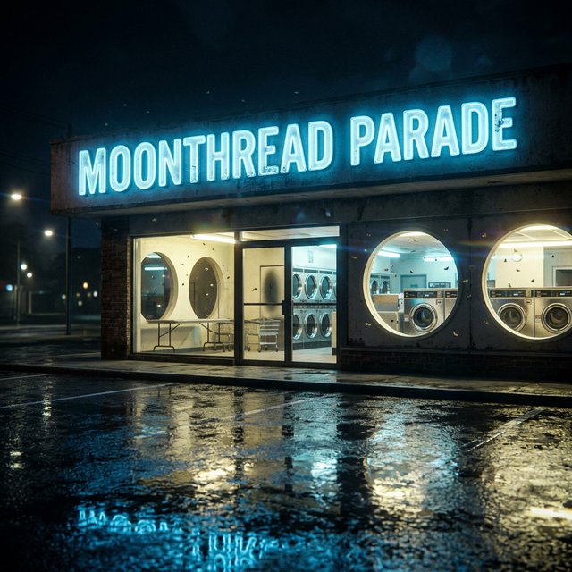 At midnight, moths circle the laundromat’s glowing round windows while chrome washing machines gleam inside; “MOONTHREAD PARADE” shines in icy blue neon above the entrance, reflected across the wet pavement, with no other lettering visible. — Nano Banana 2.1