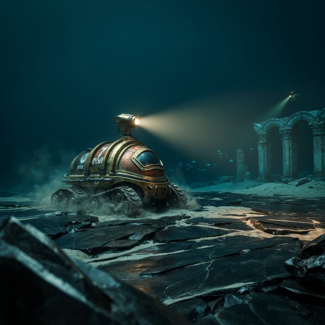 A brass-and-ceramic deep-sea crawler with arched pressure tanks trundles across the floor of a sunken obsidian caldera. Its searchlight cuts through green silt, revealing ruined stone arches far below the surface. — Ideogram v4