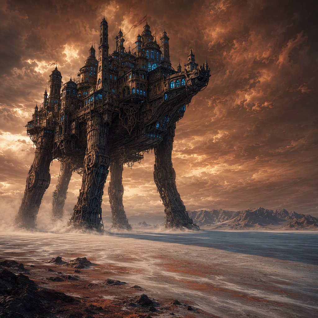 A colossal walking citadel crosses a salt desert, its ironwood legs striding through windblown dunes beneath a copper storm. Blue furnace light leaks from carved windows, casting a long shadow toward distant mountains. — GPT Image 2