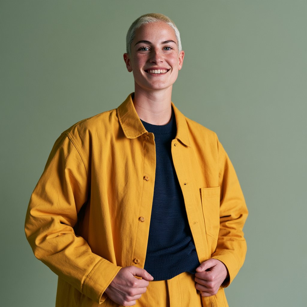 Fashion portrait of an adult nonbinary person in their late twenties wearing a structured saffron-yellow canvas jacket over a fine-gauge navy merino top, hands resting on the jacket hem. Their bright, self-assured expression contrasts with a softly lit sage-green backdrop. — Midjourney V8.2