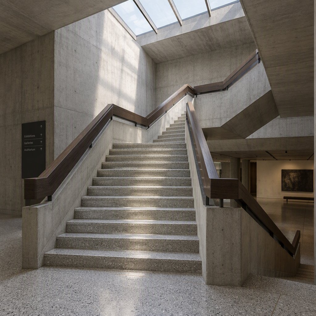 At the heart of a restrained Brutalist museum, a folded concrete stair rises beside smoked-oak handrails and terrazzo landings; skylight washes the treads, seen from the lower landing, with aligned flights and believable supports. — GPT Image 2.5 Flare