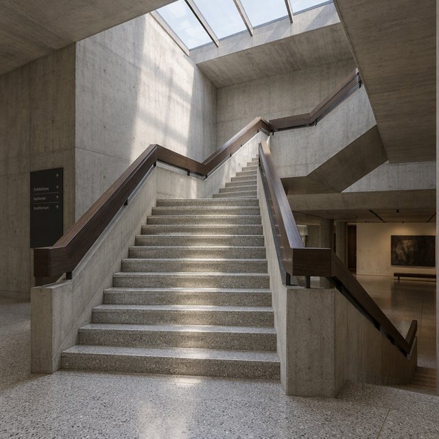 At the heart of a restrained Brutalist museum, a folded concrete stair rises beside smoked-oak handrails and terrazzo landings; skylight washes the treads, seen from the lower landing, with aligned flights and believable supports. — GPT Image 2.5 Flare