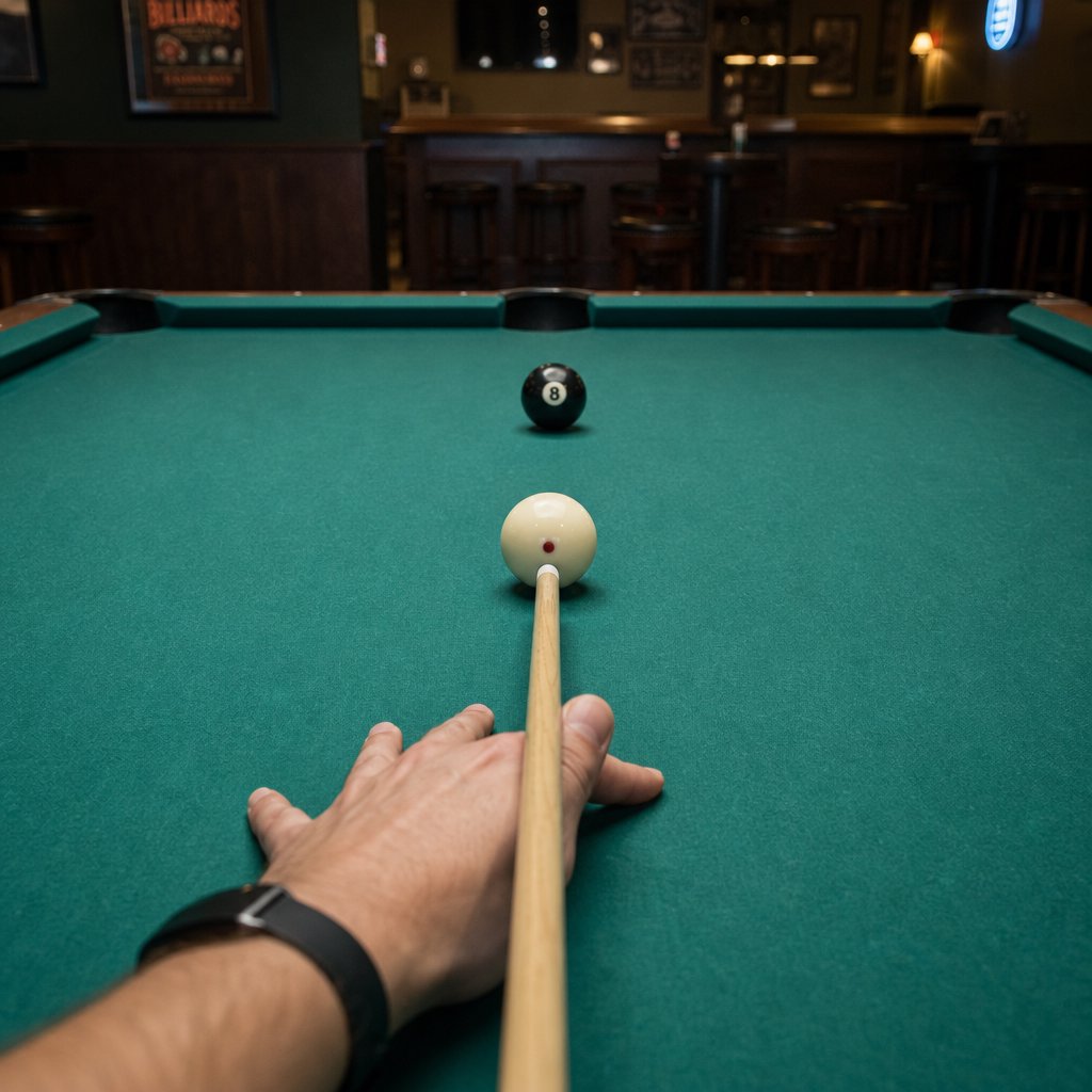 First-person perspective of an adult pool player’s left hand holding the cue, aiming the white cue ball at the black 8-ball and intending to pocket it in the center pocket. — GPT Image 2