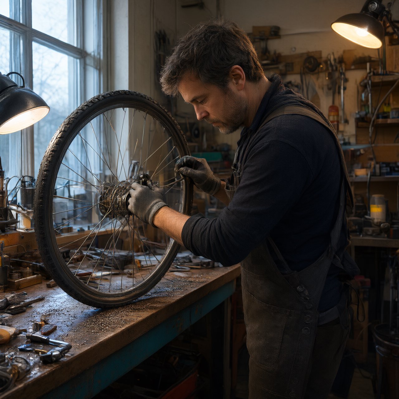 Candid documentary photograph of an adult bicycle mechanic tightening a wheel in a modest repair shop, cool window light mixing with a warm work lamp, 35mm lens with moderate depth of field, fine metal filings caught on the workbench. — Qwen Image 3.0