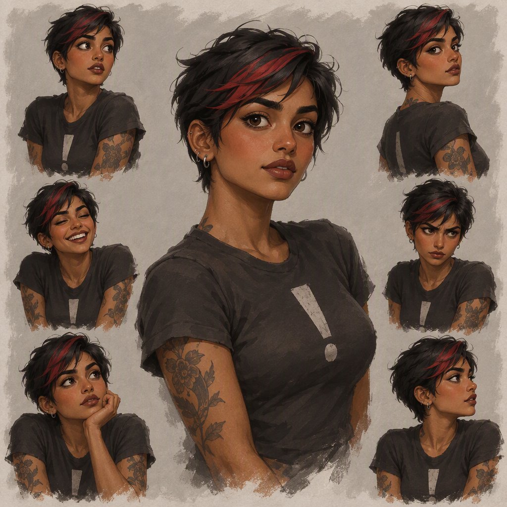 Character exploration sheet of the same 25-year-old Indian woman in several bust and waist-up studies, varied expressions and three-quarter views, one larger central portrait. Warm brown skin, black pixie haircut with red streaks, tattoos, tight T-shirt bearing an exclamation mark (!). Plain warm light-gray background, irregular painted edges. Stylized semi-realistic digital painting with animation-inspired proportions, large expressive eyes, strong brows, simplified anatomy and convincing volume. Minimal linework, soft blended facial shading, broad angular brushstrokes on clothing. Luminous warm brown skin with terracotta undertones, subtle blush, restrained highlights. Hair painted in sculpted masses with broad highlights and fine flyaways. Muted charcoal and earthy neutrals, soft directional studio lighting, detailed eyes and lips, loose edges and unfinished brushwork. — GPT Image 2.5 Flare