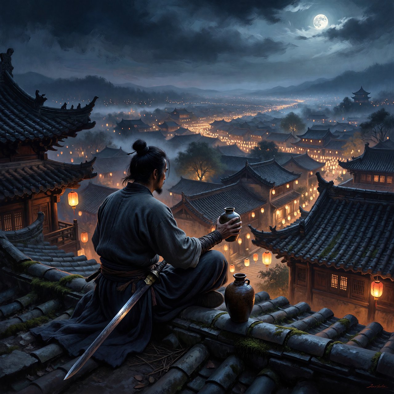 A lone Chinese swordsman sits on a tiled rooftop in ancient China at night, gazing over a lantern-lit city while drinking from a ceramic wine flask, moonlight bathing the quiet scene. — ImagineArt 1.5 Pro