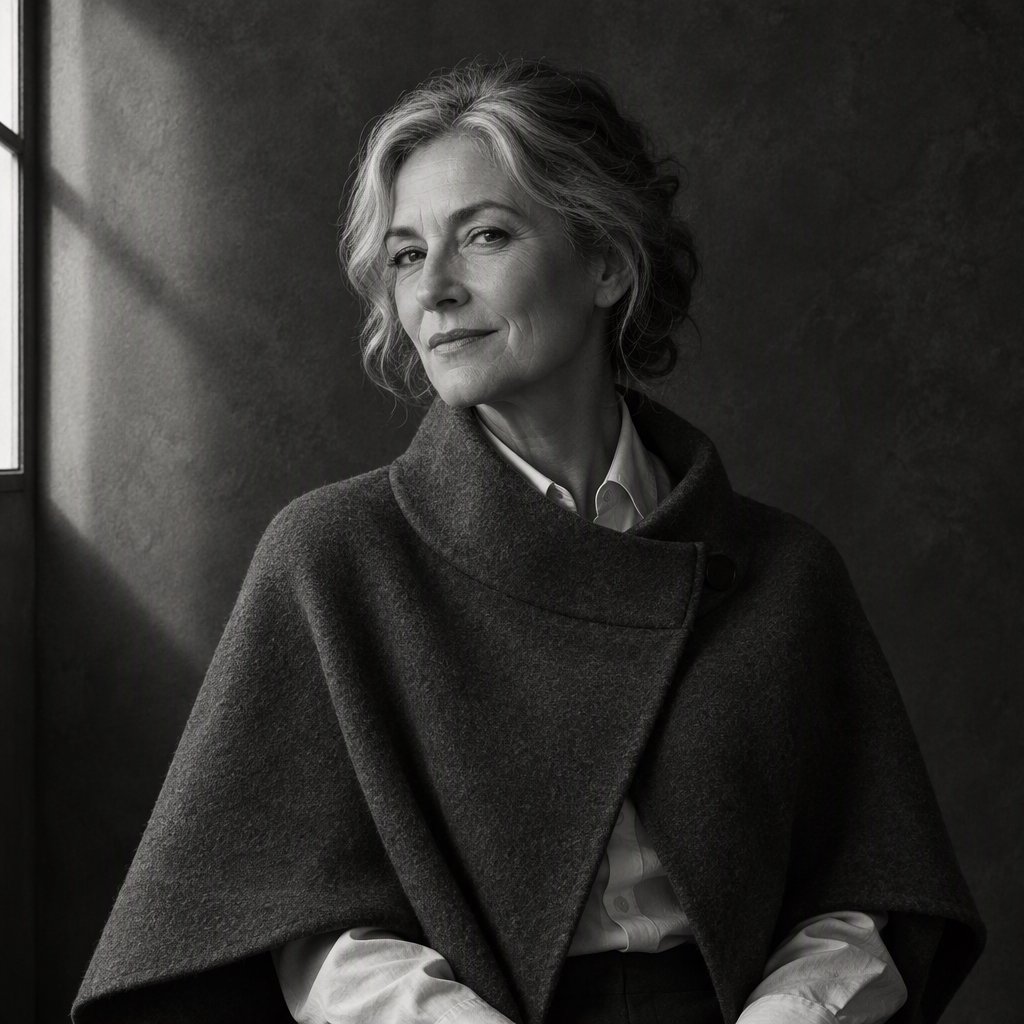 Under a narrow window beam, an adult woman in her late 50s wears a sculpted wool cape over a cotton blouse; her wry expression rests against a charcoal plaster backdrop in a black-and-white portrait, shaped by soft angled light. — GPT Image 2.5 Flare