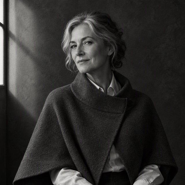 Under a narrow window beam, an adult woman in her late 50s wears a sculpted wool cape over a cotton blouse; her wry expression rests against a charcoal plaster backdrop in a black-and-white portrait, shaped by soft angled light. — GPT Image 2.5 Flare
