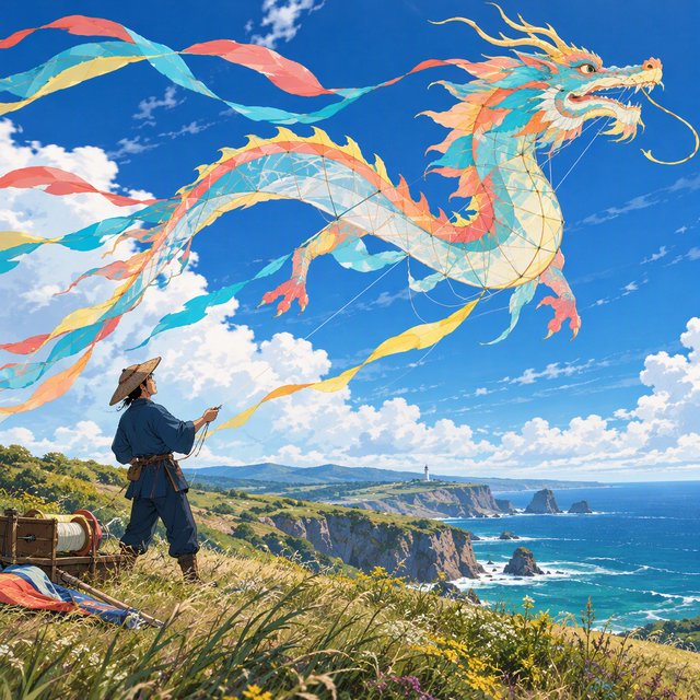 Cel-shaded anime illustration of an adult kite maker testing a vast translucent dragon-shaped kite on a windy coastal bluff, ribbons streaming above wild grasses and distant cliffs. Palette of coral, turquoise, butter yellow, and deep blue, with clean contours and a luminous sky. — GPT Image 2.5 Flare