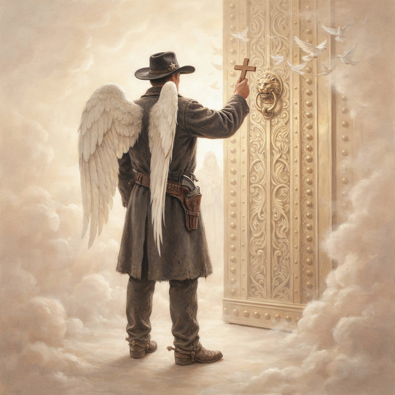 Create a painted image of a frontier lawman in heaven, facing away from the camera with angel wings. He is standing on a ground made of clouds, with a door in front of him. Holding a cross, he uses it to knock on the door. — Ideogram v4