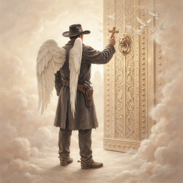 Create a painted image of a frontier lawman in heaven, facing away from the camera with angel wings. He is standing on a ground made of clouds, with a door in front of him. Holding a cross, he uses it to knock on the door. — Ideogram v4