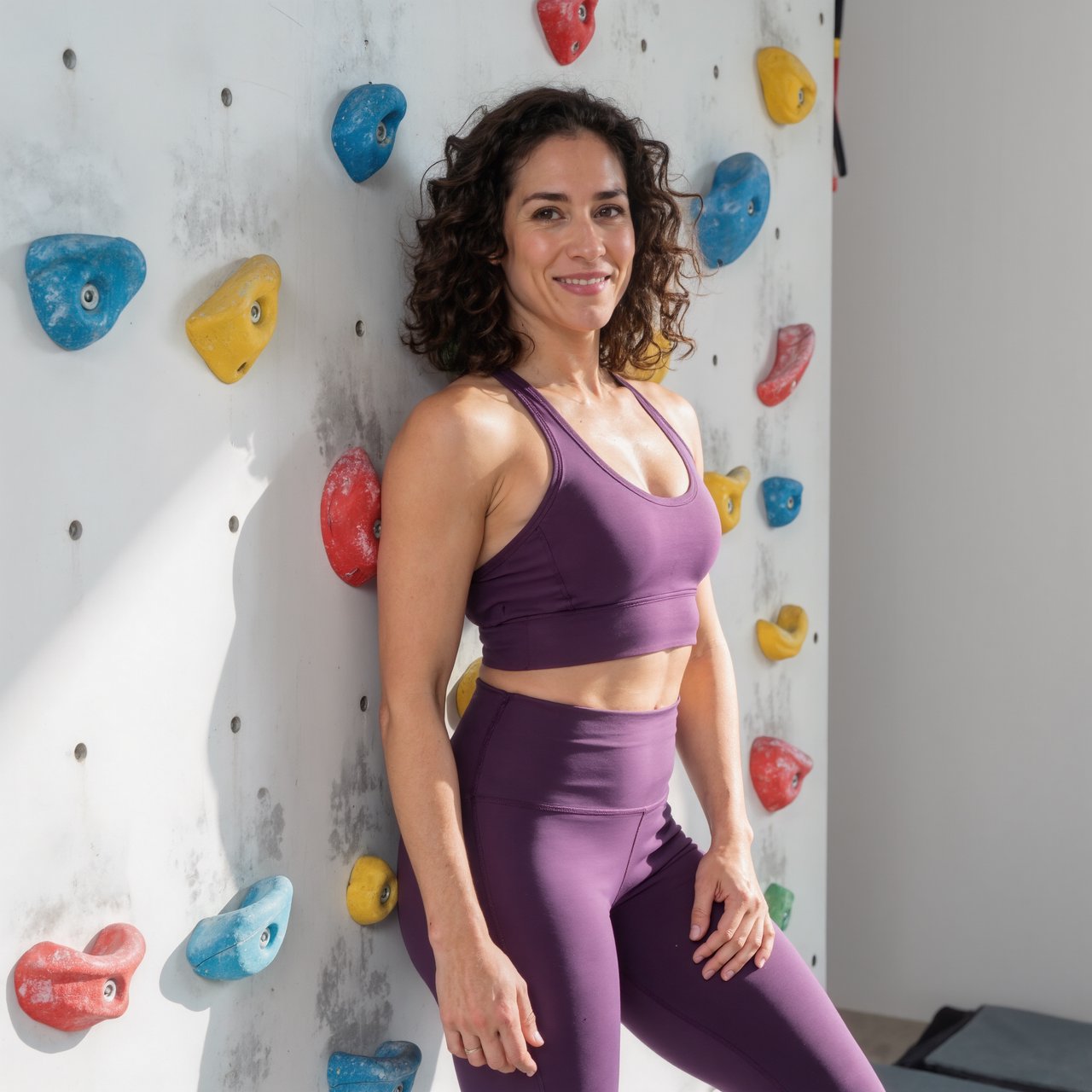 Editorial glamour photograph of an adult woman in a plum fitness set, pausing naturally beside a sunlit indoor climbing wall, flattering side light tracing colorful holds, loose curls and an easy, confident smile. — Kling v3 Omni