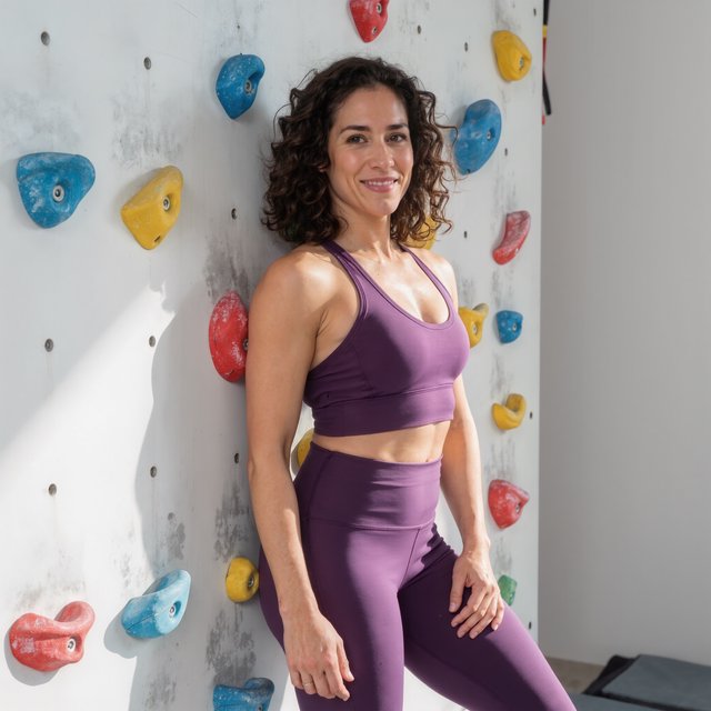 Editorial glamour photograph of an adult woman in a plum fitness set, pausing naturally beside a sunlit indoor climbing wall, flattering side light tracing colorful holds, loose curls and an easy, confident smile. — Kling v3 Omni
