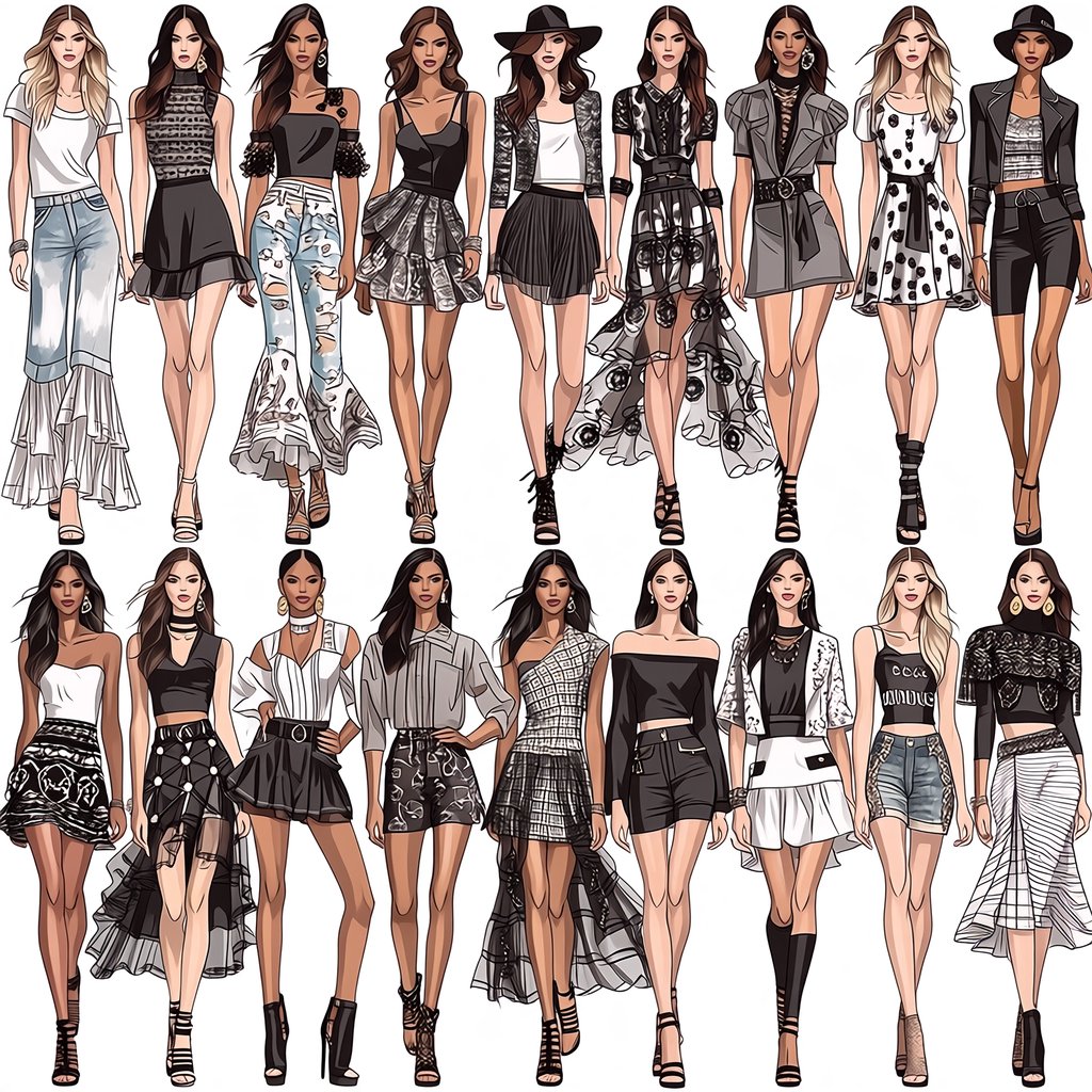 Adult female fashion models on the runway. There are models of all races: white, Black, Asian, Mexican, Indian, mixed race, etc. The vibe is cool and fierce. Many angles. — Midjourney Niji 7