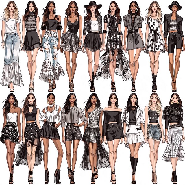 Adult female fashion models on the runway. There are models of all races: white, Black, Asian, Mexican, Indian, mixed race, etc. The vibe is cool and fierce. Many angles. — Midjourney Niji 7