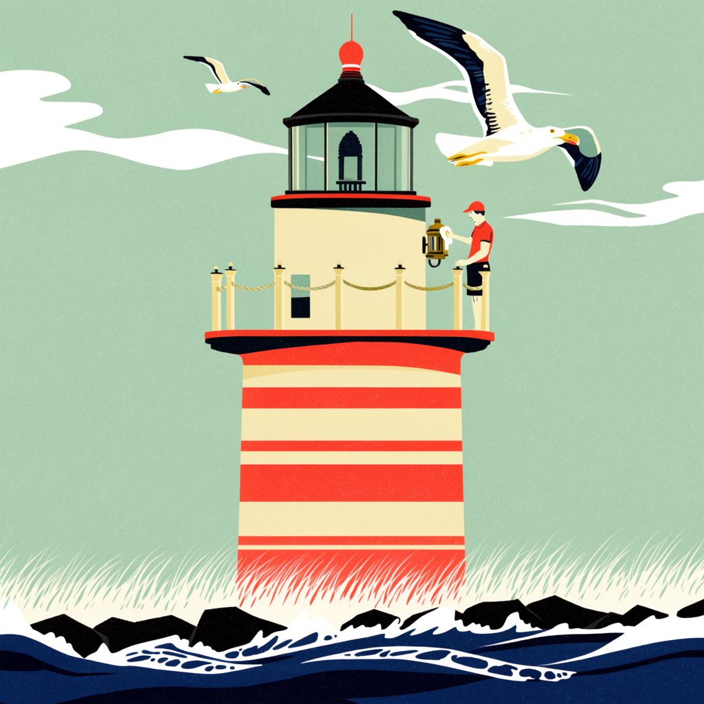 Flat-vector illustration of an adult lighthouse keeper polishing a brass lantern in a windswept tower, gulls circling beyond the glass and foam tracing black rocks below. Palette of sea-glass green, cream, vermilion, and navy. — Krea 2 Large