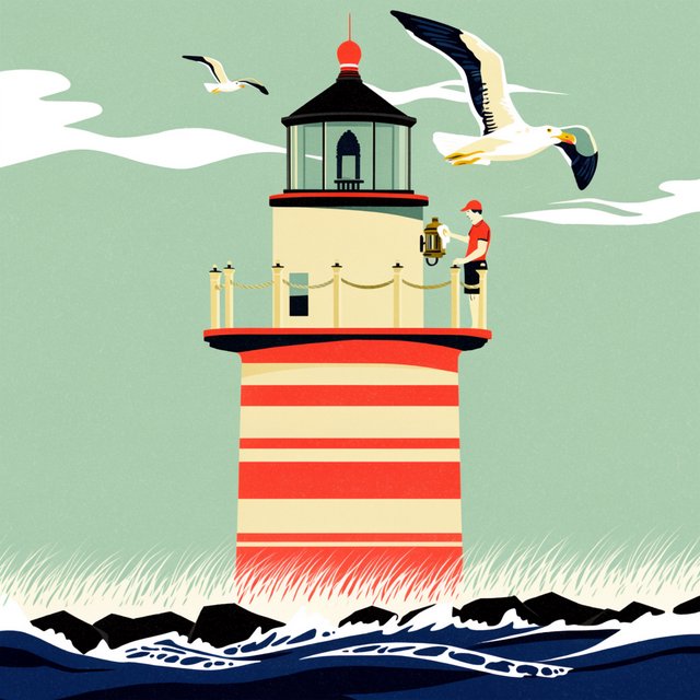 Flat-vector illustration of an adult lighthouse keeper polishing a brass lantern in a windswept tower, gulls circling beyond the glass and foam tracing black rocks below. Palette of sea-glass green, cream, vermilion, and navy. — Krea 2 Large