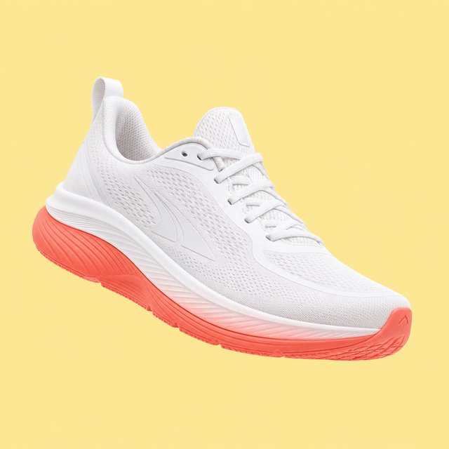 A white running sneaker with a coral sole floating at a slight angle over a pastel yellow background, studio lighting, no shadow on the backdrop. — GPT Image 2