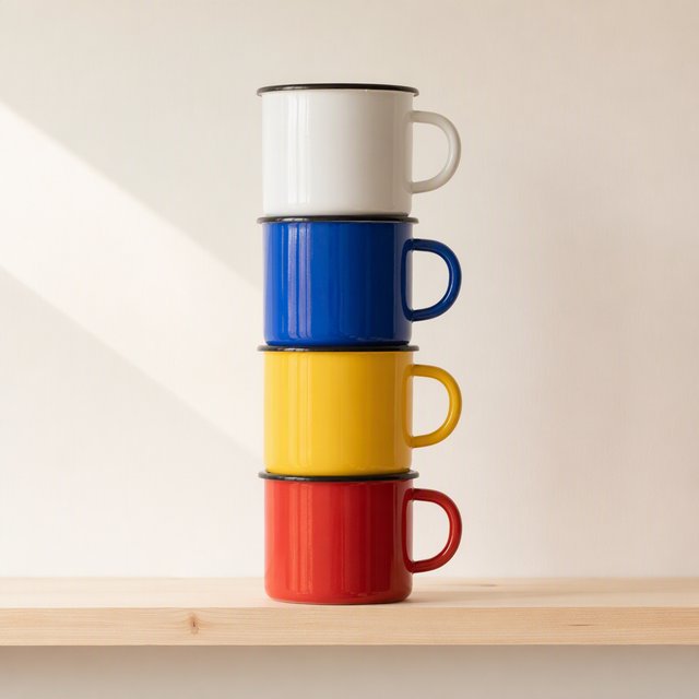 Exactly four enamel camping cups form a vertical tower on a pale wooden shelf, bottom to top: red, yellow, blue, white; all handles face right. Soft morning light, nothing else. — GPT Image 2