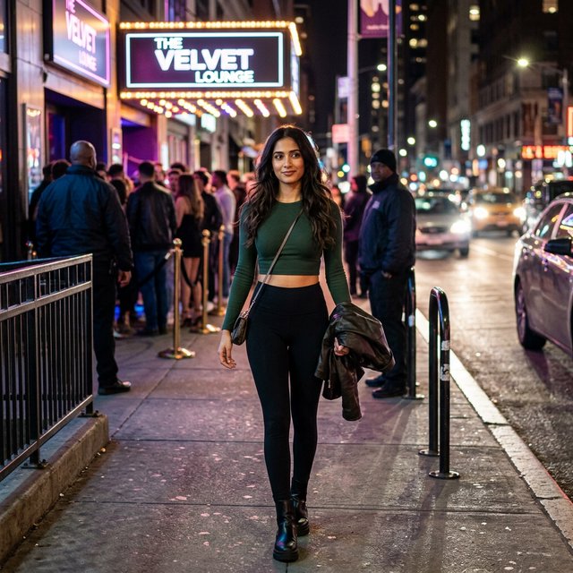 A very pretty Indian woman, 19–27 years old. She is slim with wide hips and is wearing a fitted crop top and leggings. Full-body image. Outside a nightclub. — Model 14