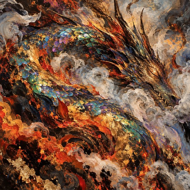 An abstract tapestry woven from the dreams of a sleeping dragon, depicted as a chaotic yet beautiful explosion of iridescent scales, fiery embers, and swirling smoke. The composition is dynamic and energetic, with bold brushstrokes and a rich, textured surface. The style is abstract expressionism, capturing the raw, untamed essence of draconic power. — GPT Image 2.5 Sunburst