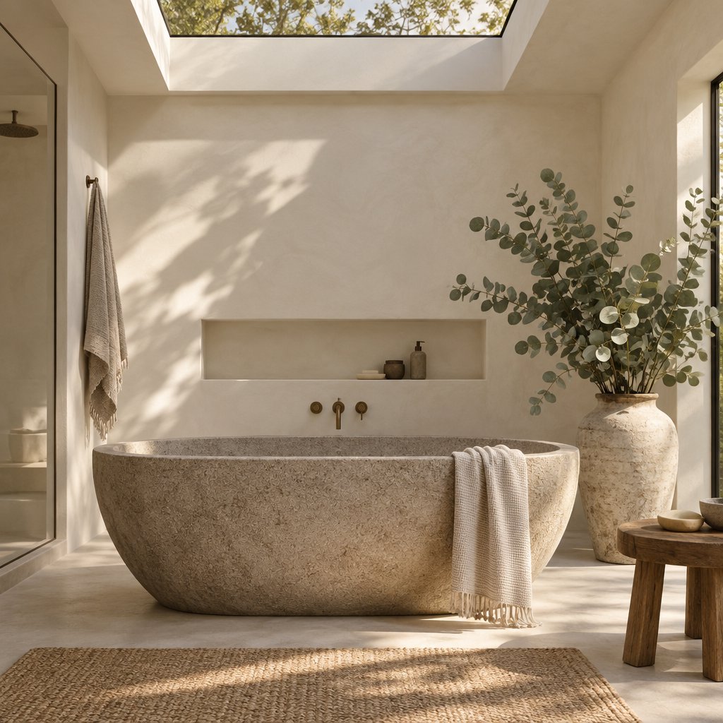 A spa bathroom with a stone tub, a skylight, plaster walls in warm white, eucalyptus in a vase, soft shadows. — GPT Image 2.5 Sunburst