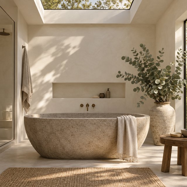 A spa bathroom with a stone tub, a skylight, plaster walls in warm white, eucalyptus in a vase, soft shadows. — GPT Image 2.5 Sunburst