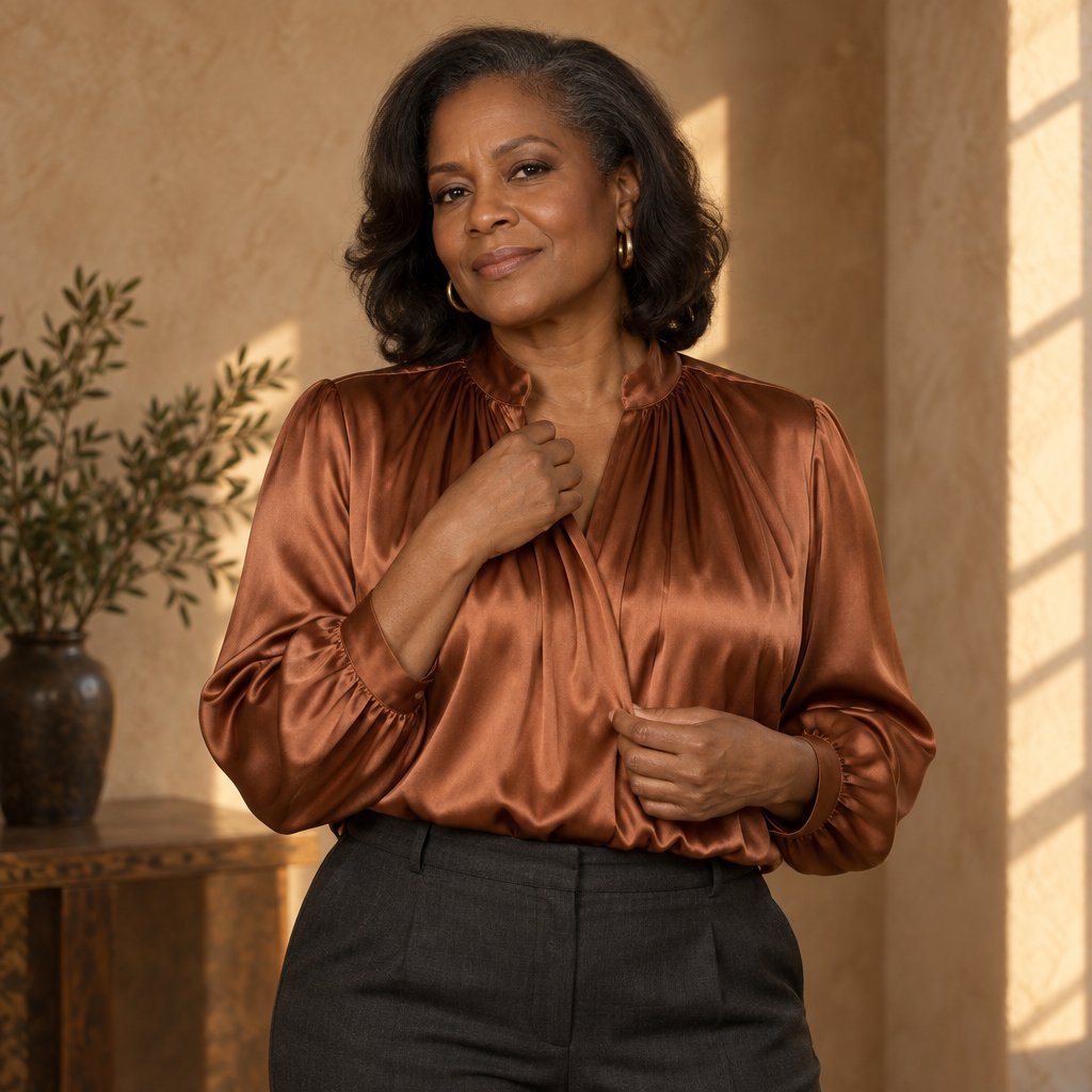 Portrait of an adult Black woman in her 50s wearing a pleated copper satin blouse and tailored charcoal trousers, her hands gently holding the blouse fabric, calm half-smile, warm plaster backdrop, late-afternoon window light grazing her face. — GPT Image 2.5 Sunburst