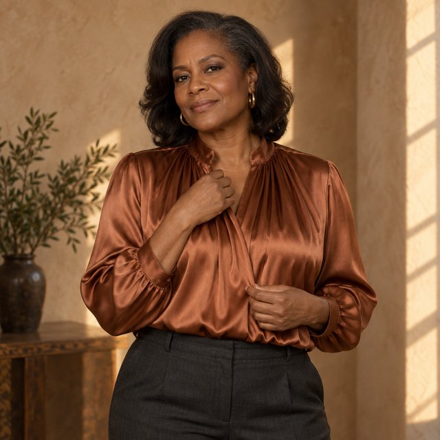 Portrait of an adult Black woman in her 50s wearing a pleated copper satin blouse and tailored charcoal trousers, her hands gently holding the blouse fabric, calm half-smile, warm plaster backdrop, late-afternoon window light grazing her face. — GPT Image 2.5 Sunburst