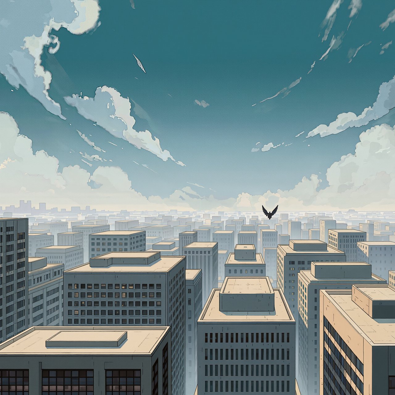 Clean cel-shaded painted cityscape, wide high-angle elevated rooftop level shot looking out over dense modern downtown office buildings, small dark winged figure hovering above central midground rooftops, pale overcast deep blue sky with wispy white clouds, diffused even daylight lighting with soft subtle ambient shadows, muted cool grey, beige, blue building facades with uniform office windows, flat concrete building rooftops, receding hazy distant city skyline with atmospheric perspective, eye level relative to building tops, no outlines, smooth flat color rendering, no grain. — Kling v3
