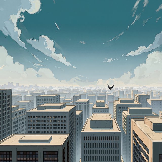 Clean cel-shaded painted cityscape, wide high-angle elevated rooftop level shot looking out over dense modern downtown office buildings, small dark winged figure hovering above central midground rooftops, pale overcast deep blue sky with wispy white clouds, diffused even daylight lighting with soft subtle ambient shadows, muted cool grey, beige, blue building facades with uniform office windows, flat concrete building rooftops, receding hazy distant city skyline with atmospheric perspective, eye level relative to building tops, no outlines, smooth flat color rendering, no grain. — Kling v3