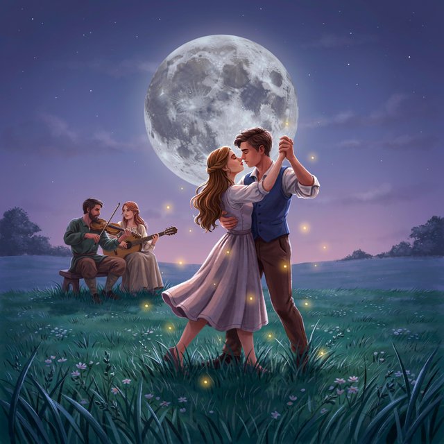 An illustration of a young adult European couple sharing a kiss while dancing in a moonlit meadow, with tall grass, fireflies, musicians playing music, and a huge silver moon overhead. — Ideogram v4.5