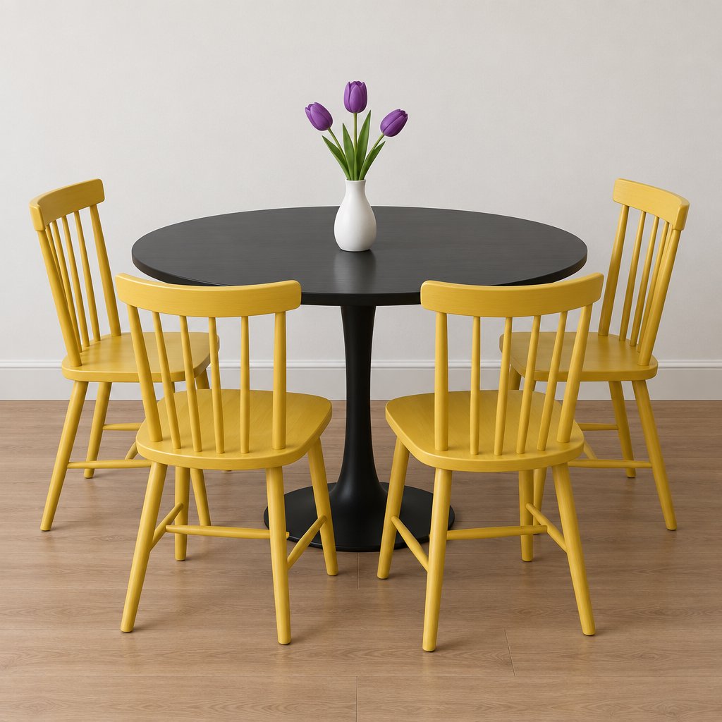 Exactly four yellow wooden chairs surround a round black table: two chairs at the front, one on the left, and one on the right. A white vase with three purple tulips sits at the table center, nothing else. — GPT Image 2.5 Flare