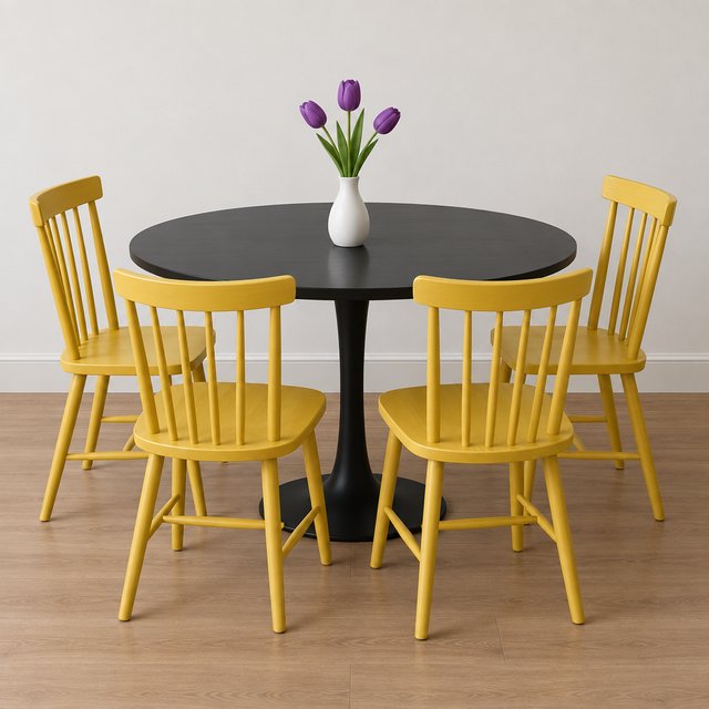 Exactly four yellow wooden chairs surround a round black table: two chairs at the front, one on the left, and one on the right. A white vase with three purple tulips sits at the table center, nothing else. — GPT Image 2.5 Flare