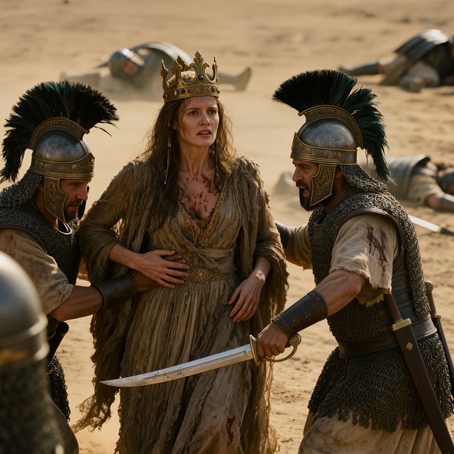 Film capture. Cinematic scene of the Byzantine empress being captured by Sassanid cataphracts. Harsh desert lighting. Shallow depth of field. The image takes place in the aftermath of a battle. All of the subjects are dusty and disheveled. — Kling v3
