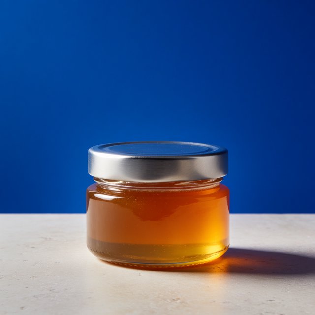 A squat unbranded honey jar with clear glass walls and a plain brushed-aluminum lid rests on honed pale limestone; broad diffused key light and warm rim light shape the commercial product image against a seamless cobalt-blue background, with no lettering. — Model 12